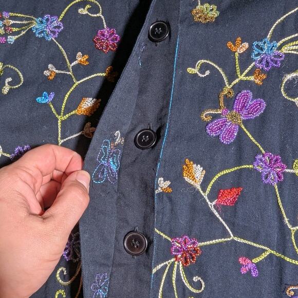 Vtg Y2K Quacker Factory Black Floral Butterfly Embroidered Bead Cotton Jacket M - Picture 4 of 5